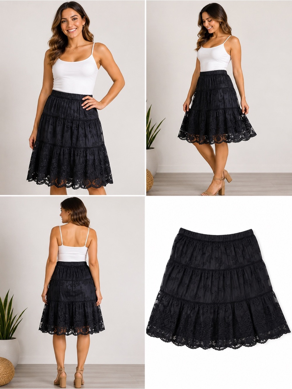 Sundance Black Lace Tiered Skirt Women’s 8 Boho Embroidered Sheer Overlay
